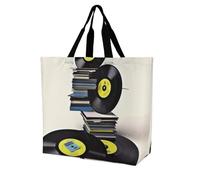 YKLBV Grand sac fourre-tout avec poignées, girafe portant des lunettes de soleil, pliable, lavable, très résistant et imperméable, Disques vinyles et bandes, 40x40x16cm