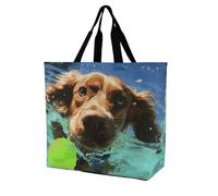 YKLBV Grand sac fourre-tout avec poignées, motif bonhomme de neige, pliable, lavable, très résistant et imperméable, Chien de natation amusant, 40x40x16cm
