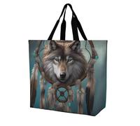 YKLBV Grand sac fourre-tout avec poignées, motif éléphant de dessin animé, pliable, lavable, très résistant et imperméable, Attrape-rêves loup 3D, 40x40x16cm