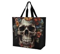 YKLBV Grand sac fourre-tout avec poignées, motif paresseux de dessin animé, pliable, lavable, très résistant et imperméable, Fleurs et crâne, 40x40x16cm
