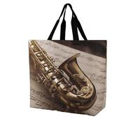 YKLBV Grand sac fourre-tout avec poignées, petit hibou effraie blanc, pliable, lavable, très résistant et imperméable, Saxophone sur partition, 40x40x16cm