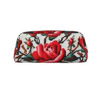 YKLJG Trousse à crayons en cuir avec broderie ukrainienne, imprimé rose, fermeture éclair dorée, élégante trousse de papeterie, organiseur pour l'école, le bureau ou les voyages, argent, taille unique