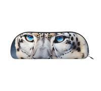 YKLJG Trousse à crayons en cuir avec fermeture éclair dorée, motif léopard des neiges aux yeux bleus, pochette en PVC demi-cercle pour école, bureau, voyage, Argenté., Taille unique, Trousse de