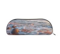 YKLJG Trousse à crayons en cuir imprimé Beach Maui Hawaï, coucher de soleil, vagues, nuages, avec fermeture éclair dorée, pochette en PVC demi-cercle pour l'école, le bureau, les voyages, doré, One