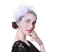 YKMYXZ bandeau à fleurs, Chapeau bibi for femme, bandeau blanc for fête de thé, mariage, cocktail, fleur, maille, plumes, pince à cheveux(White)