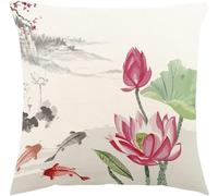 YKMYXZ Housses de Coussin, Housses de Coussin décoratives Fleurs Lotus, lot 2, Peinture à l'encre Chine Lotus, taies d'oreiller carrées en Coton et Lin(F)
