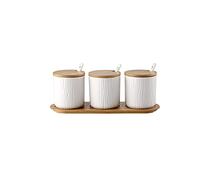 YKMYXZ sucrier, Boîtes à condiments avec cuillères et couvercle en bois, sucriers céramique, récipient for la cuisine, lot de 3