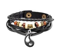 YKMYXZ, Vintage Taiji main bijoux Bagua véritable peau de vache Bracelet perles en bois Bracelet(Black)