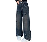 YKPAVV Pantalon de boue, sans bavette, large, avec nœud et perles, pour fille, denim lavé, taille élastique en métal, décoration 3D, 6 points, pantalon pour fille, bleu, 15 ans