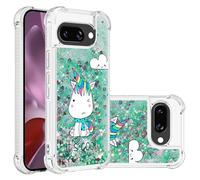YKTO Antichoc Coque pour Google Pixel 9a Coques Pop Magnifique Liquide Paillettes Doux TPU Case Étincelle Protection Arrière Silicone Cover Transparente pour Google Pixel 9a,Licorne Verte