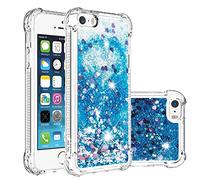 YKTO Arrière Coque pour iPhone 5/5s/SE Coques Pop Magnifique Liquide Paillettes Doux TPU Coque Étincelle Protection Silicone Coque Antichoc Transparente Couverture pour iPhone 5/5s/SE-Bleu