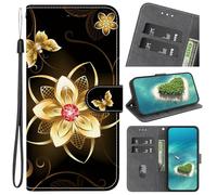 YKTO Coque en PU Cuir pour LG K52/K62/Q52 Étui Flip Cover Clapet de Protection Portefeuille avec Motif Fleur Papillon dorée Housse Magnétique Case Wallet étui à Rabat for LG K52/K62/Q52