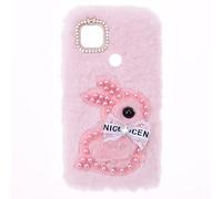 YKTO Coque Fausse Fourrure Lapin Peluche pour Realme C21, Rose Perle, Mignonne et Girly, Oreilles Lapin, Étui de Téléphone, Choc Absorbant, Texturé, 6.5 Pouces, Coque Molle