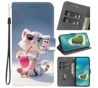 YKTO Coque pour LG K52/K62/Q52, Housse Etui en Cuir PU Portefeuille [Antichoc] [Magnétique] [Porte Cartes] [Stand Fonction] Flip Coque (Le Petit Tigre Buvant du Soda Motif)