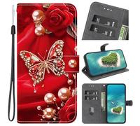 YKTO Coque pour LG K52/K62/Q52 Portefeuille Etui à Rabat en PU Cuir avec Motif,Poche Porte-Cartes,Multi-Usage Peint Housse Cuir Case Magnétique Papillons Rouges Perle, Rouge, Festif Protection