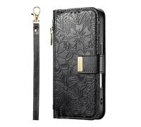 YKTO Coque pour TCL 40 NxtPaper 4G avec Cordon,Fleur et Feuille Flip Portefeuille Étui en Cuir Wallet Grande Capacité,7 Porte Carte,Fermeture Magnétique,Clapet Housse Etui à Rabat,Noir