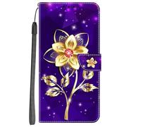 YKTO Cuir PU Folio Etui pour Motorola Moto G54 Coque Pochette Flip Housse Etui a Rabat Protection Résistant aux Chocs Couverture Motif Fleurs en Pierres précieuses dorées Back Cover