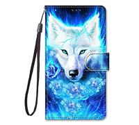 YKTO Etui à Rabat en PU Cuir Flip Portefeuille Coque Protection avec Fentes pour Cartes Motif Charmant Pochette en Simili Cuir Etui a Rabat Carte Fentes Coque pour Xiaomi Redmi Note 13 4G,Loup Blanc