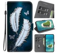 YKTO Etui Coque pour LG K52/K62/Q52, [Fermeture Magnetique à Rabat] [Housse Portefeuille en Cuir PU] [Multifonctionnel] (Fond Bleu Deux Plumes Blanches Lumineuses)