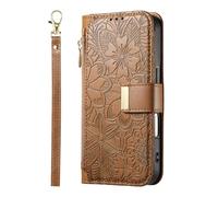 YKTO Étui Portefeuille pour Oukitel C32 Coque Pochette Fermeture Magnétique, Grande Capacité, Style Livret en Cuir PU Fleur et Feuille avec Fermeture Zippée et Support Intégré Poche,Marron