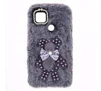 YKTO Peluche Girly Lapin Phone Cover Coque Oukitel C21 Pro Fille Ours Perle Mignon Noeud Brillant Fluffy Faux Peluche Coque Souple Compatible avec Oukitel C21 Pro,Ours Gris Perle