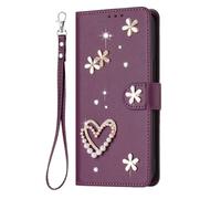 YKTO PU Cuir pour ZTE Nubia V80 Max Coque Téléphone Portable Étui Portefeuille 3D Bling Wallet Strass Coque de Téléphone en Forme de Cœur et de Fleur Flip pour ZTE Nubia V80 Max,Violet