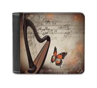 YKUDBN Portefeuille en cuir pour homme avec imprimé harpe et papillon - Joli portefeuille à fermeture éclair pour un usage quotidien - Fond de musique avec harpe et papillon - Taille unique, Fond de