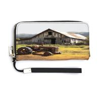 YKUDBN Portefeuille en cuir synthétique, vieille grange en bois avec imprimé tracteur rouillé de grande capacité, portefeuille long pour femme, portefeuille à main moderne, 20 x 10,5 cm, moderne,