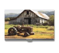 YKUDBN XB0608021 - Étui pour cartes de visite en métal pour homme et femme, vieille grange en bois avec tracteur rouillé, taille unique, Ancienne grange en bois avec tracteur rouillé, Taille unique