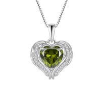 YL Collier Aile d'ange Cœur Argent 925 taillé Août Pierres de Naissance Péridot Oxyde de Zirconium Cœur Pendentif pour Femme
