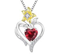 YL Collier Coeur Argent 925 couper Juillet Pierres de Naissance Rubis Pendentif Fleur de Lys pour Femme, Chaîne 45+3CM