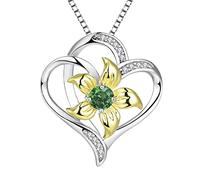 YL Collier Coeur Argent 925 couper Mai Pierres de Naissance Vert Oxyde de Zirconium Pendentif Amour Fleur de Lys pour Femme, Chaîne 45+3CM