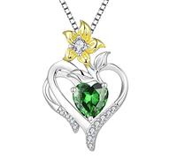 YL Collier Coeur Argent 925 couper Mai Pierres de Naissance Vert Oxyde de Zirconium Pendentif Fleur de Lys pour Femme, Chaîne 45+3CM