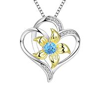 YL Collier Coeur Argent 925 couper Mars Pierres de Naissance Aigue-marine bleue Pendentif Amour Fleur de Lys pour Femme, Chaîne 45+3CM