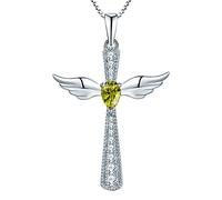 YL Collier Croix Aile D'ange 925 Argent La Août Pierre de Naissance Oxyde de Zirconium Péridot Vert Crucifix Pendentif Collier pour Femmes, Chaîne 45 + 3 CM