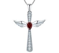YL Collier Croix Aile D'ange 925 Argent La Janvier Pierre de Naissance Grenat Crucifix Pendentif Collier pour Femmes, Chaîne 45 + 3 CM