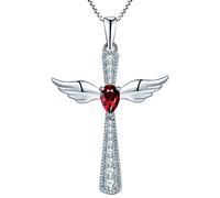YL Collier Croix Aile D'ange 925 Argent La Juillet Pierre de Naissance Rubis Crucifix Pendentif Collier pour Femmes, Chaîne 45 + 3 CM