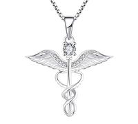 YL Collier d'infirmière 925 Argent coupé Avril Pierres de Naissance Oxyde de Zirconium Blanc Ailes d'ange Caducée RN Collier Pendentif pour les Femmes Infirmière Médecin