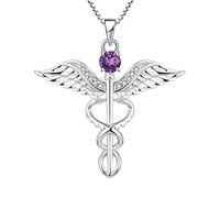 YL Collier d'infirmière 925 Argent coupé Février Pierres de Naissance Améthyste Ailes d'ange Caducée RN Collier Pendentif pour les Femmes Infirmière Médecin