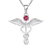 YL Collier d'infirmière 925 Argent coupé Juillet Pierres de Naissance Ruby Ailes d'ange Caducée RN Collier Pendentif pour les Femmes Infirmière Médecin