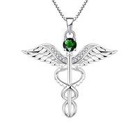YL Collier d'infirmière 925 Argent coupé Mai Pierres de Naissance Oxyde de Zirconium Vert Ailes d'ange Caducée RN Collier Pendentif pour les Femmes Infirmière Médecin