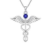 YL Collier d'infirmière 925 Argent coupé Septembre Pierres de Naissance Spinelle Bleu Ailes d'ange Caducée RN Collier Pendentif pour les Femmes Infirmière Médecin