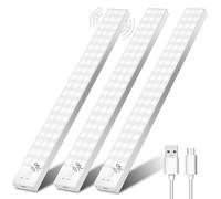 Ylatoial LED Sous Meuble Cuisine 60 LEDs, 32CM Lampe LED Placard Détecteur de Mouvement Lampe Sans Fil 1500mAh Rechargeable USB Reglette Placard 5000K pour Veilleuse Chambre Chevet Armoire -Lot de 3