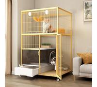 YLEPHNE Grande Cage Chat, Cage pour Chat avec Toilettes pour Chat, Cage pour Chat avec roulettes, Enclos pour Chat, Facile À Assembler(Yellow,76x55x124cm)