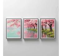 YLHKME Tableau Lac Paysage Naturel Avec des Cerisiers Roses Romantiques Affiche Toile Tableau Decoration Murale Salon,Pour Chambre Cuisine Bureau, Deco Maison, Sans Cadre (3X30X40CM,B)