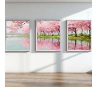 YLHKME Tableau Lac Paysage Naturel Avec des Cerisiers Roses Romantiques Affiche Toile Tableau Decoration Murale Salon,Pour Chambre Cuisine Bureau, Deco Maison, Sans Cadre (3X20X30CM,A)