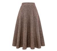 Ylingjun Jupe longue en laine à carreaux pour femme, hiver, automne, chaude, taille haute élastique, ligne A, plissée, tartan en laine, kaki foncé, Taille L