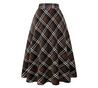 Ylingjun Jupe longue en laine à carreaux pour femme, hiver, automne, chaude, taille haute élastique, ligne A, plissée, tartan en laine, café, Taille S