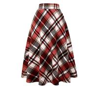 Ylingjun Jupe Longue en Laine à Carreaux pour Femme - pour l'hiver et l'automne - Taille élastique - Coupe évasée plissée en Laine, Rouge vin, Taille M