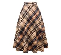 Ylingjun Jupe Longue en Laine à Carreaux pour Femme - pour l'hiver et l'automne - Taille élastique - Coupe évasée plissée en Laine, Marron, Taille XL